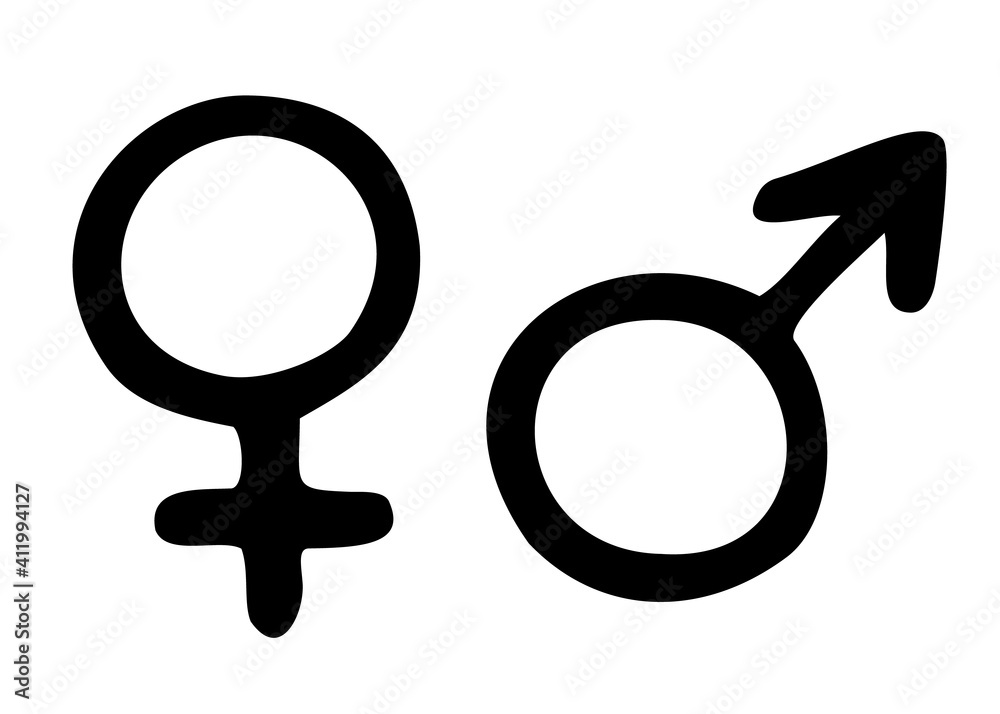 Vector illustration of gender symbols, female and male. Hand drawn elements, isolated on white background. Vector illustration of gender symbols, female and male. Hand drawn elements, isolated on white background.