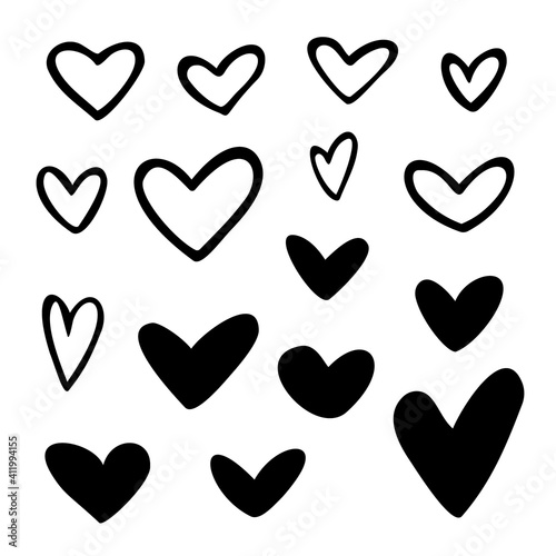 Vector set of hearts, isolated on white background. Symbol of love. Hand drawn, cartoon style.