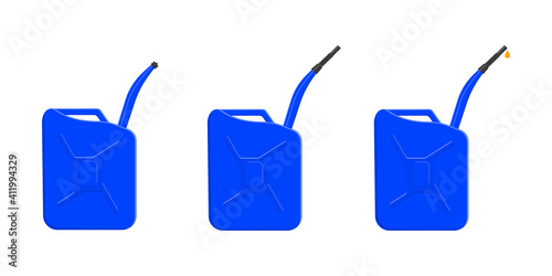 Set of petrol containers, gas cans with closing cap, spout and pouring fuel drop. Gasoline canisters isolated on white background. Vector cartoon illustration.
