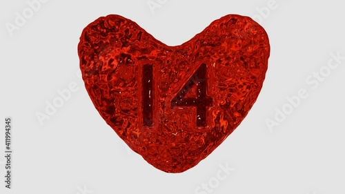 3d HD animation of heart and inscription 14 made of red flowing liquids, abstract valentine's day symbol