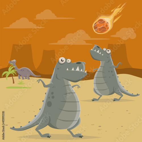 cartoon illustration of a big asteroid falling down on dinosaurs