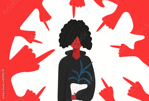 Teenage bullying. A group of negative people suppress sad children. The concept of discrimination and intimidation of the weak and victims of violence.