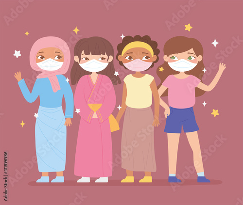 cute girls different ethnic and culture wearing face mask