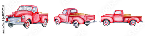 Red vintage pick up. Hand painted watercolor illustration isilated on white background. Front  side and back view