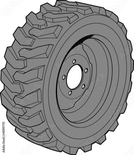 Line illustration of a large tire with an aggressive tread.