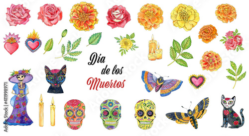 Day of the dead illustration set. Watercolor dia los muertos mexican festival elements isolated on white background. Catrina, skull, rose and marigold flowers.