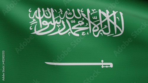 Kingdom Saudi Arabia flag waving in the wind. Close up of KSA banner blowing