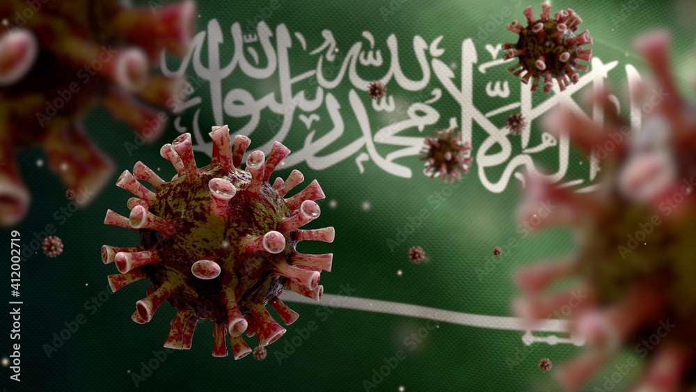 Flu coronavirus floating over Kingdom Saudi Arabia flag. KSA pandemic Covid 19