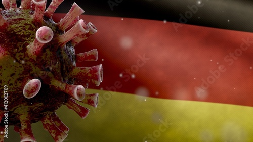 German flag waving with Coronavirus outbreak. Pandemic Covid 19 virus Germany