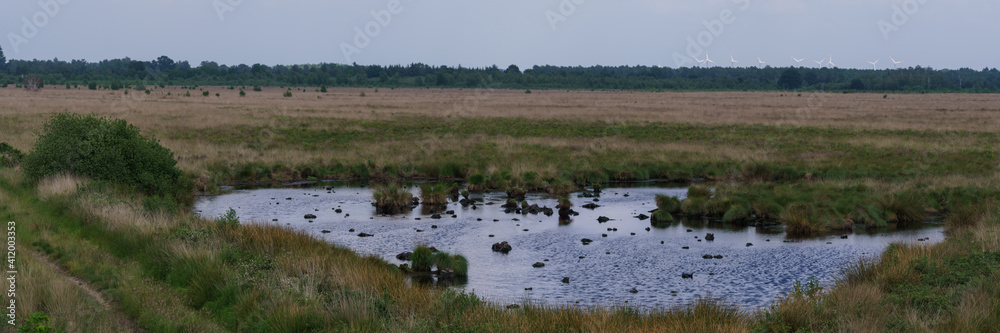 Panorama of small moor lake in flat landscape, Germany, Recker Moor Panorama of small moor lake in flat landscape, Germany, Recker Moor