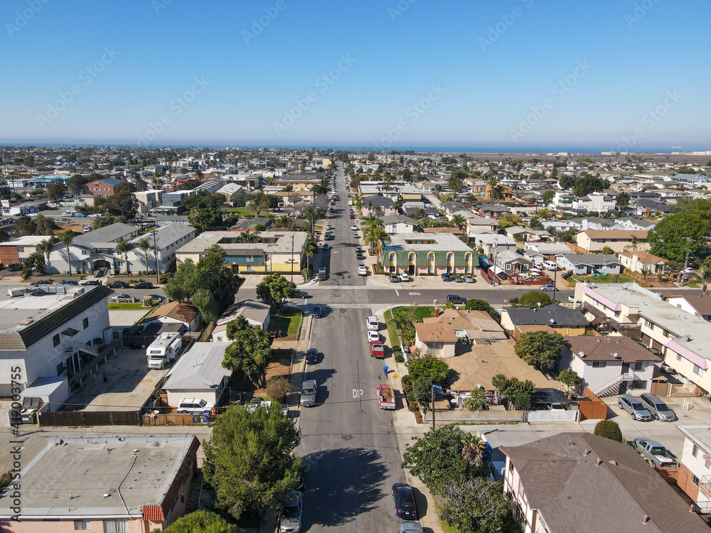 Aerial view of street and houses in Imperial Beach area in San Diego, California, USA