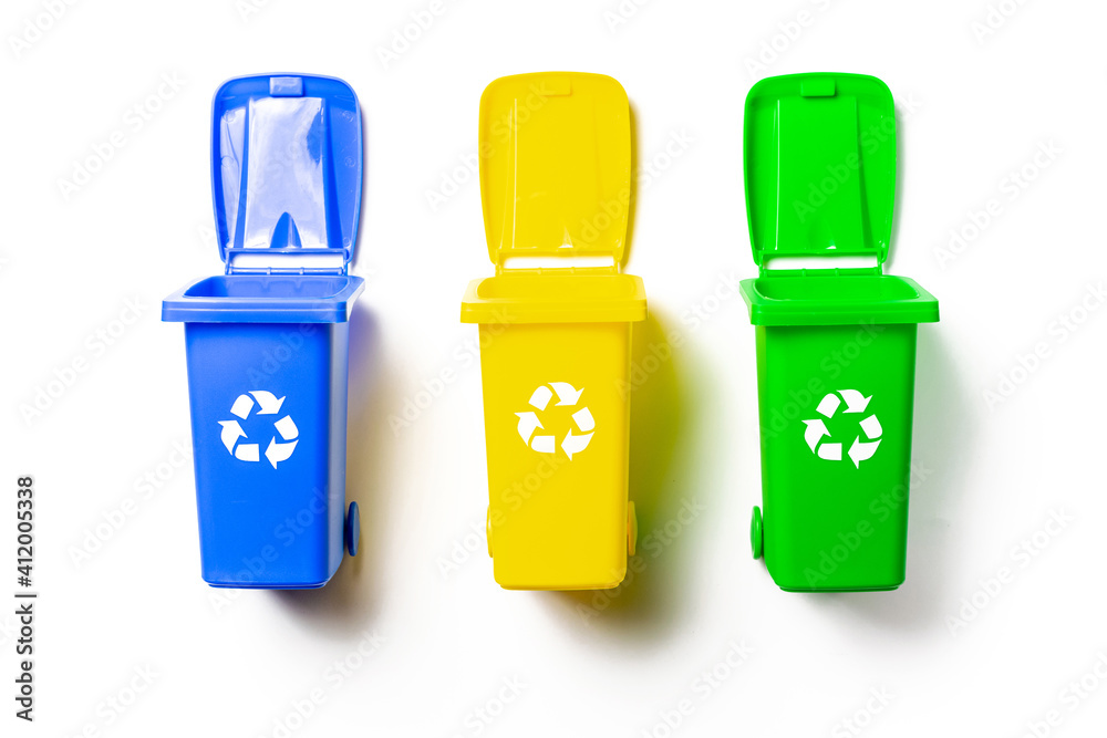 Bin collection. Yellow, green, blue dustbin for recycle plastic, paper and glass can trash isolated on white background. Container for disposal garbage waste and save environment. Bin collection. Yellow, green, blue dustbin for recycle plastic, paper and glass can trash isolated on white background. Container for disposal garbage waste and save environment.