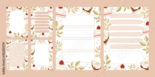 Set of to do list, daily planner, notepad templates with hand drawn cake and strawberry elements