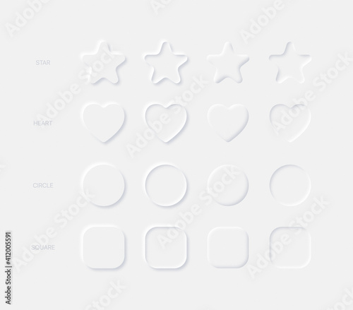 Light Neumorphic Vector Design Elements Rounded Star Heart Circle Square In Different Variations On Light Background. Neumorphism Buttons For Mobile Or Web Application