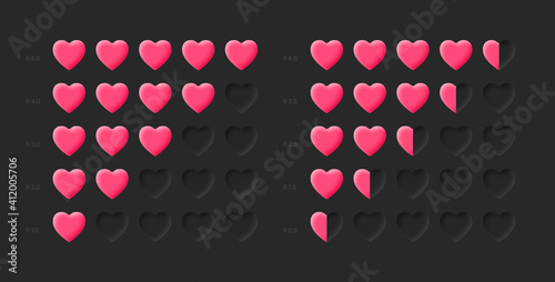 Neumorphic UI UX Design Elements 3D Vector Life Health Bar Rating System Bevel And Emboss Hearts Icons On Dark Gray Background. Neumorphism Material Design Achievement Rank Scale With 3D Hearts Shapes