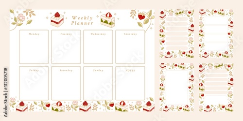 Set of weekly planner, daily to do list, notepad templates, school scheduler with hand drawn cake, floral, and strawberry elements