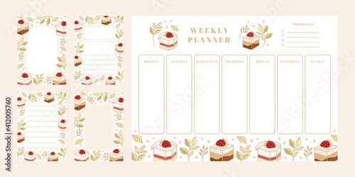 Set of weekly planner, daily to do list, notepad templates, school scheduler with hand drawn cake, floral, and strawberry elements