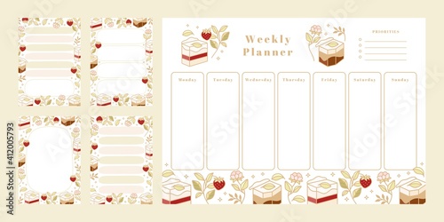 Set of weekly planner, daily to do list, notepad templates, school scheduler with hand drawn cake, floral, and strawberry elements