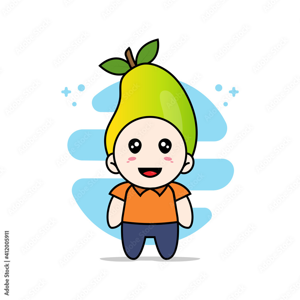 Cute courier character wearing mango costume. Cute courier character wearing mango costume.