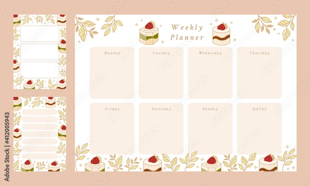 Set of weekly planner, daily to do list, notepad templates, school scheduler with hand drawn cake, floral, and strawberry elements