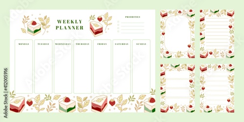 Set of weekly planner, daily to do list, notepad templates, school scheduler with hand drawn cake, floral, and strawberry elements