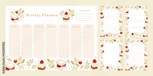 Set of weekly planner, daily to do list, notepad templates, school scheduler with hand drawn cake, floral, and strawberry elements