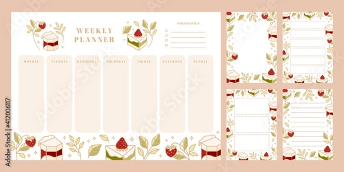 Set of weekly planner, daily to do list, notepad templates, school scheduler with hand drawn cake, floral, and strawberry elements