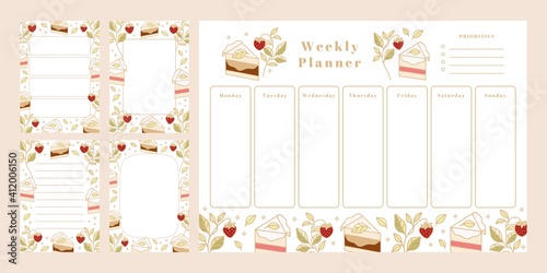 Set of weekly planner, daily to do list, notepad templates, school scheduler with hand drawn cake, floral, and strawberry elements