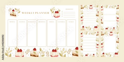 Set of weekly planner, daily to do list, notepad templates, school scheduler with hand drawn cake, floral, and strawberry elements
