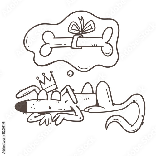 Card with cute cartoon sleeping dog. Print with doodle funny animal. Line art poster for children. Vector holiday illustration.