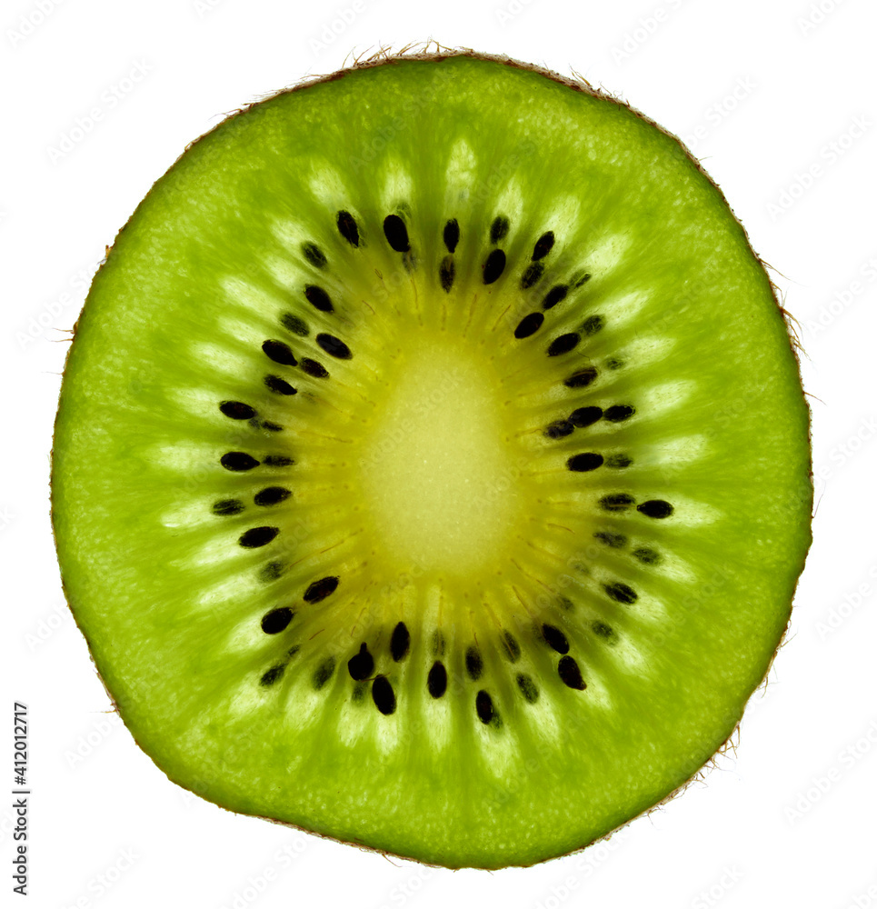 A macro shot of a slice of kiwi fruit with seeds on a Lightbox A macro shot of a slice of kiwi fruit with seeds on a Lightbox