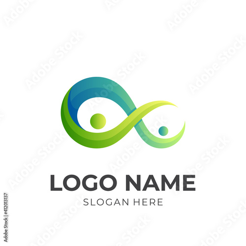 infinity people logo, people and infinity sign, combination logo with 3d green and blue color style