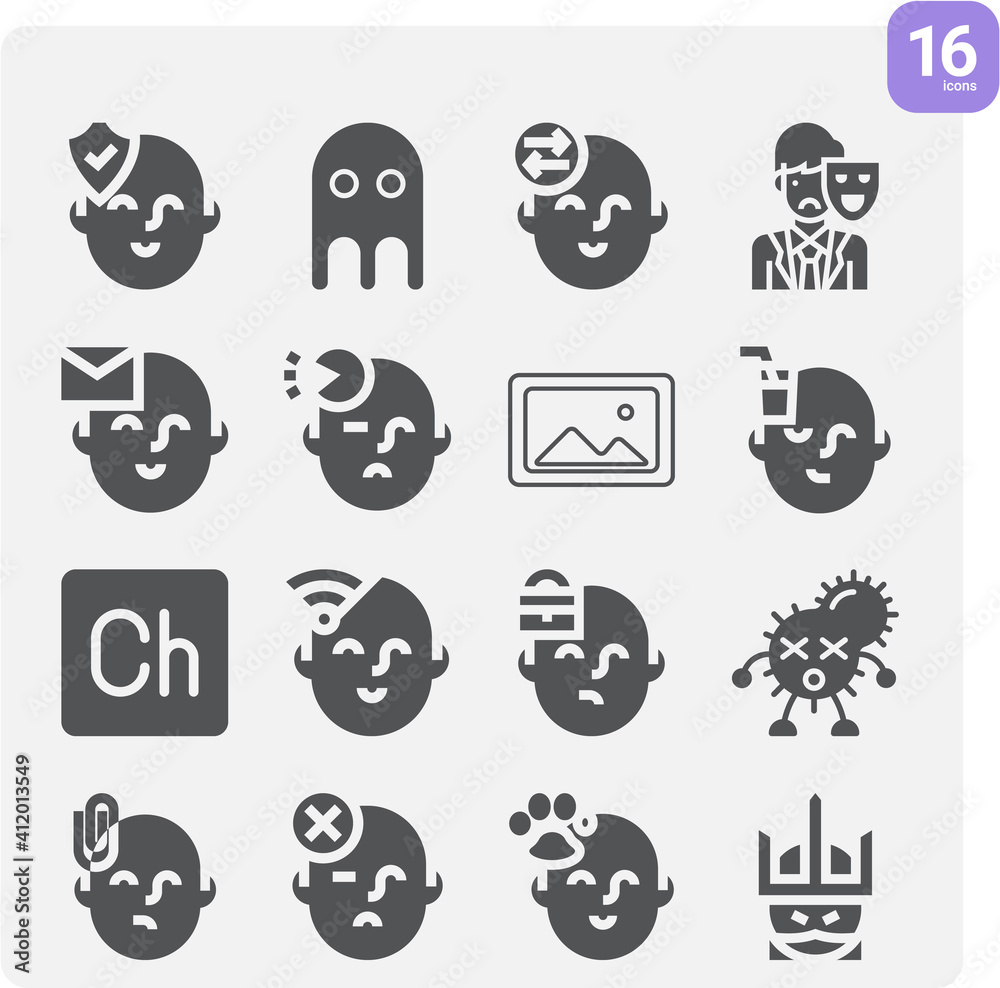 Simple set of portrayed related filled icons. Simple set of portrayed related filled icons.