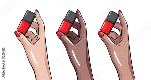 Women hand holding nail polish bottle, manicre artist illustration. Beauty salon clipart vector , nail cover remover, base coat, finish laquer