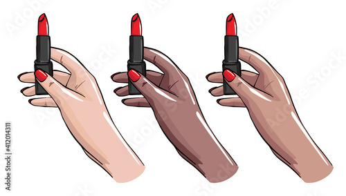 Women hands with red nails holding lipstick, Makeup salon advertising. Beauty clipart in vector
