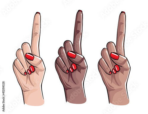 Attention beauty salon nail care sign, vector manicure logo, nail polish art.  Diversity hands , afro latina and white women hands, female treatment artist, beauty procedure