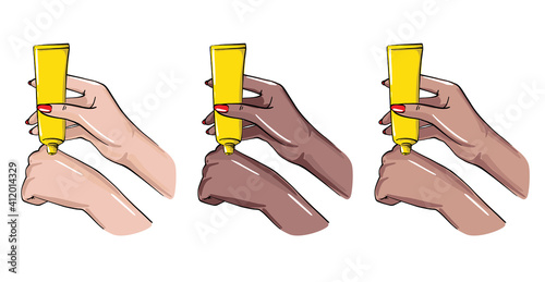 Hand applying cream Daily beauty routine, natural cosmetics advertising vector