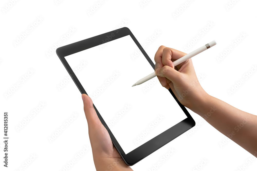 hand holding and using white stylus or pen on digital tablet screen isolated on white background with clipping path
hand holding and using white stylus or pen on digital tablet screen isolated on white background with clipping path
