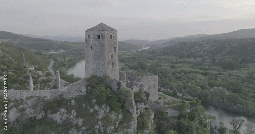 Old Bosnian town, with castle, mosque and church. Drone flight with LOG profile. Old Bosnian town, with castle, mosque and church. Drone flight with LOG profile.