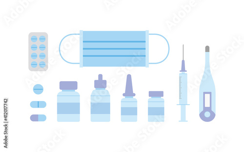 Illustration set related to medicine, healthcare, care, beauty, hospital. Masks, syringes, thermometers, etc.