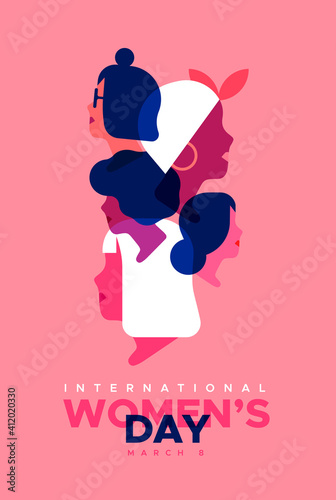 Women's Day pink diverse woman face card