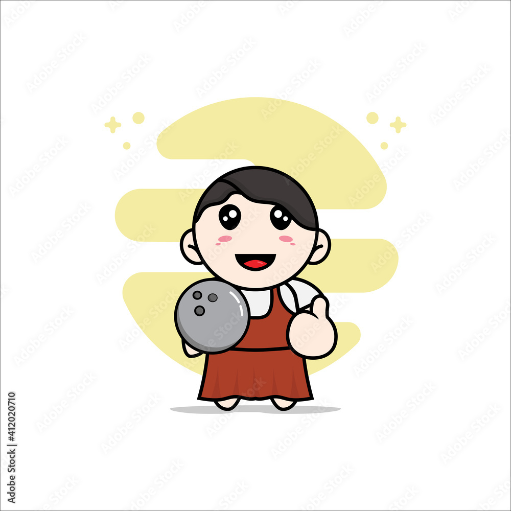 Cute girl character holding a bowling ball.