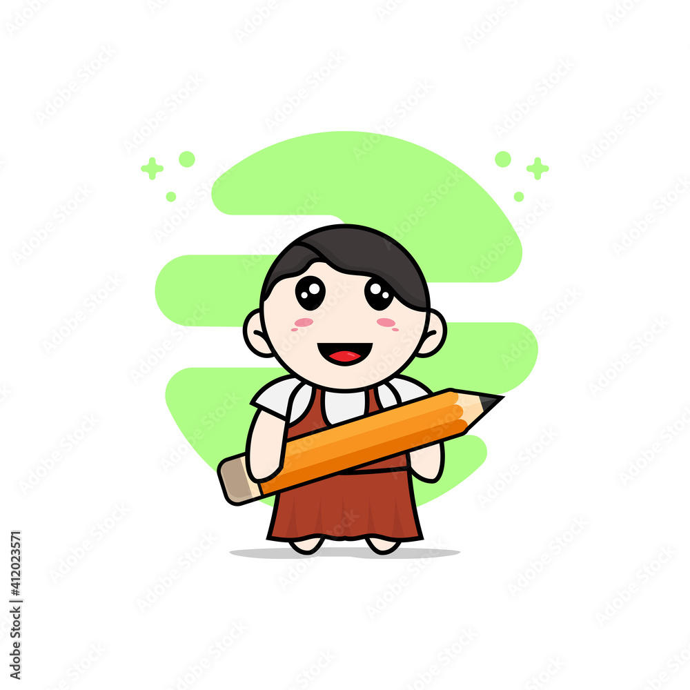 Cute girl character holding a big pencil. Cute girl character holding a big pencil.