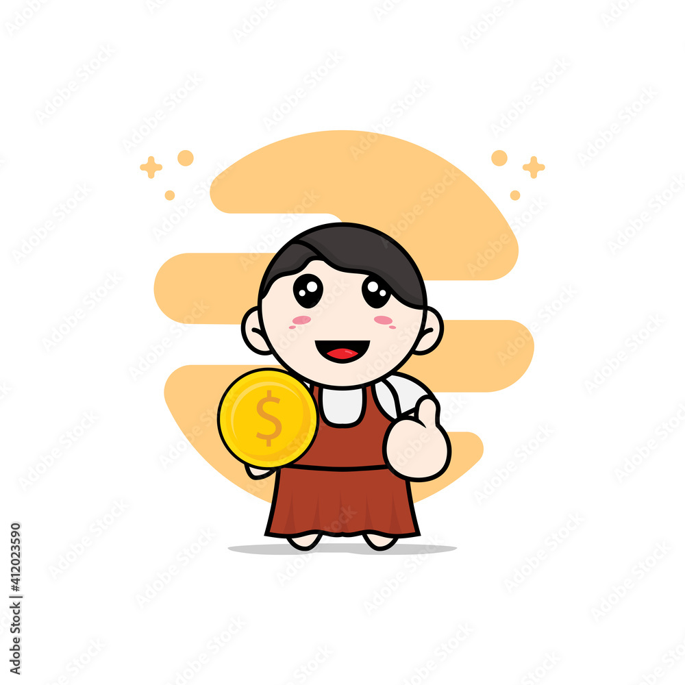 Cute girl character holding a coin.