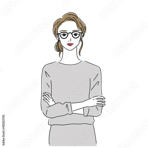 hand drawn line art vector illustration, standing business woman.