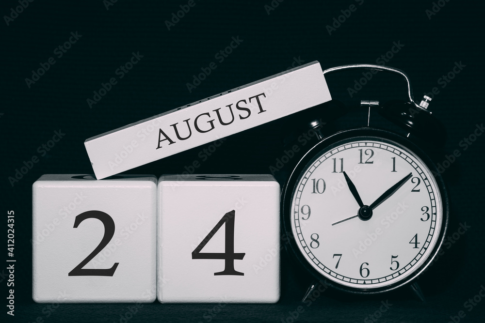 Important date and event on a black and white calendar. Cube date and month, day 24 August. Summer season. Important date and event on a black and white calendar. Cube date and month, day 24 August. Summer season.