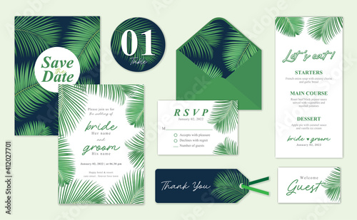 Tropical palm leaf background template. Vector set of natural element for wedding invitations, greeting card, envelope, voucher, brochures and banners design.