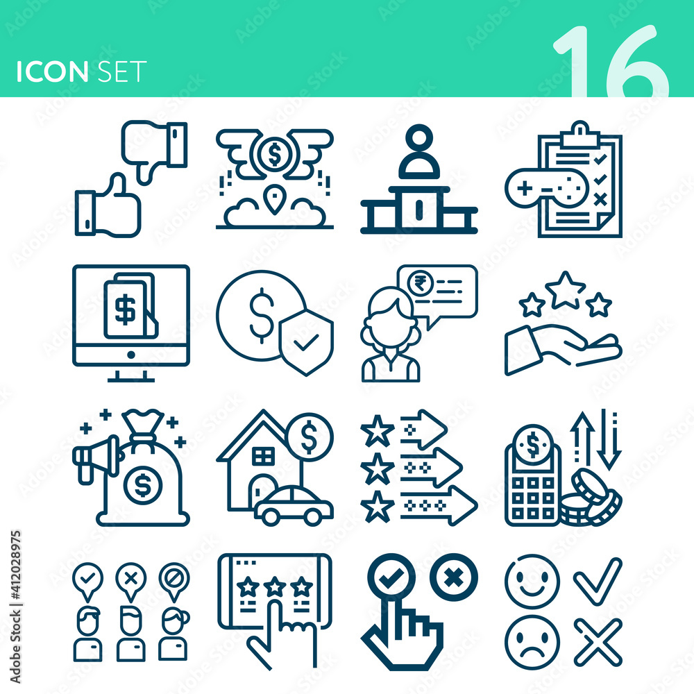 Simple set of 16 icons related to valuation