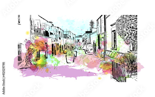 Building view with landmark of Santiago de Queretaro is a city in central Mexico. Watercolour splash with hand drawn sketch illustration in vector.