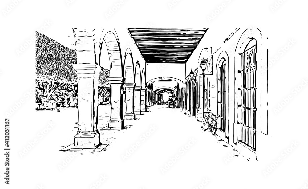 Building view with landmark of Santiago de Queretaro is a city in central Mexico. Hand drawn sketch illustration in vector.
